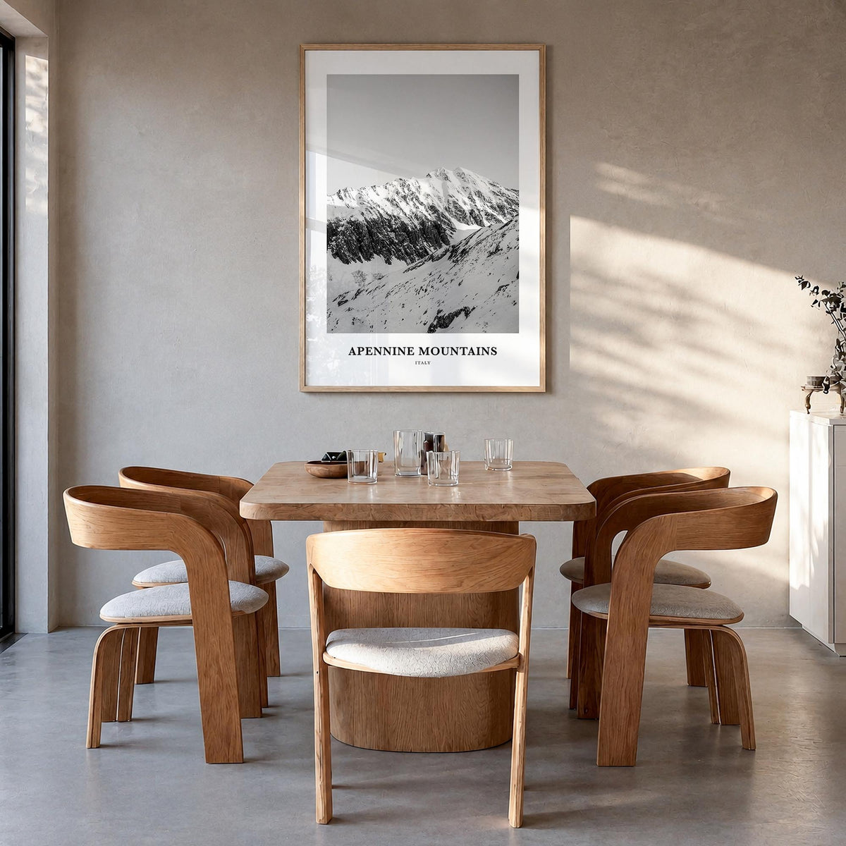 Apennine Mountains black & white classic poster of Italy – vertical wall art in natural wood frame, hanging on wall