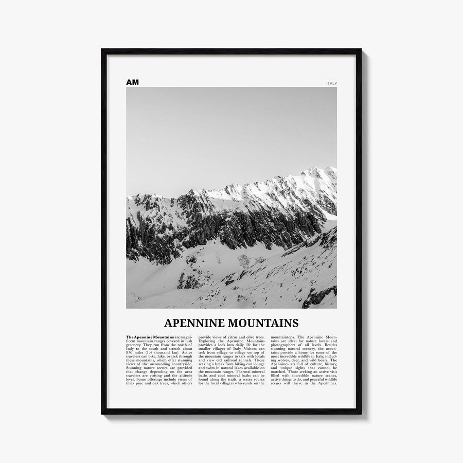 Apennine Mountains black & white newspaper poster of Italy – vertical wall art, unframed print shown in interior mockup