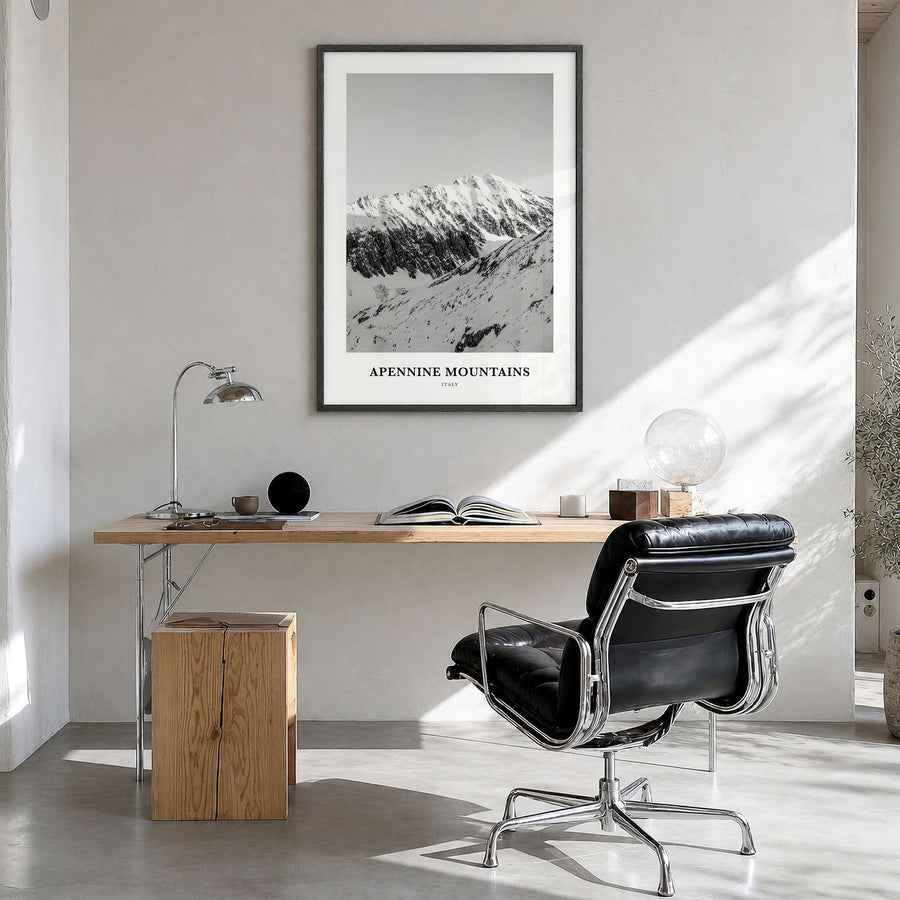 Apennine Mountains Classic Poster in a black wood frame, hanging in a bright home office