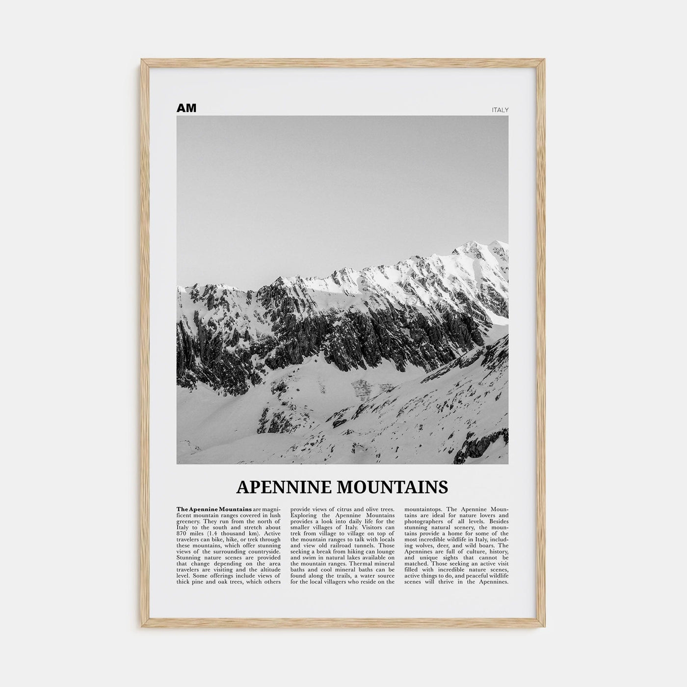 Apennine Mountains Poster Natural Wood / 8x12 in Nbourhood Travel B&W Poster