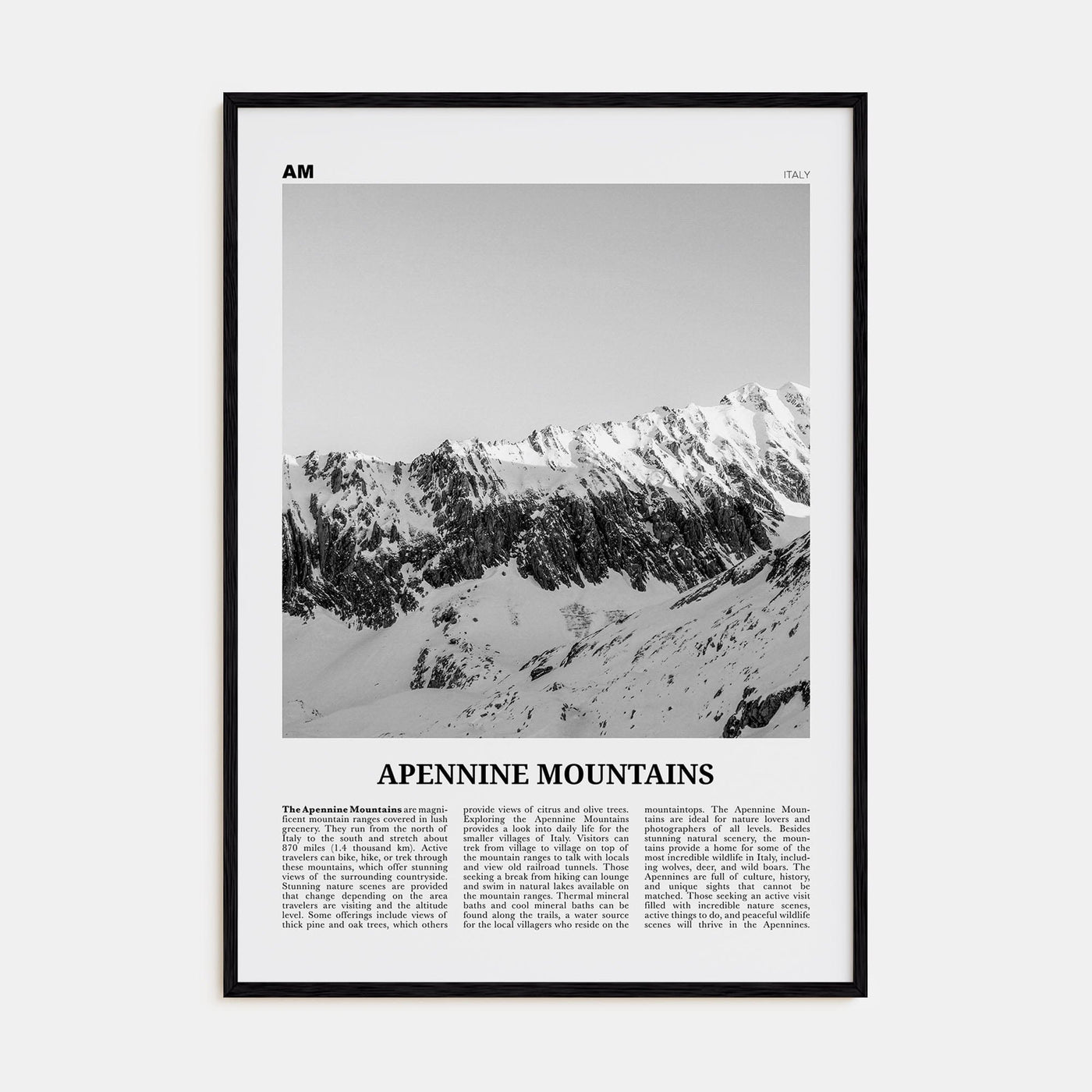 Apennine Mountains Poster Black Wood / 8x12 in Nbourhood Travel B&W Poster