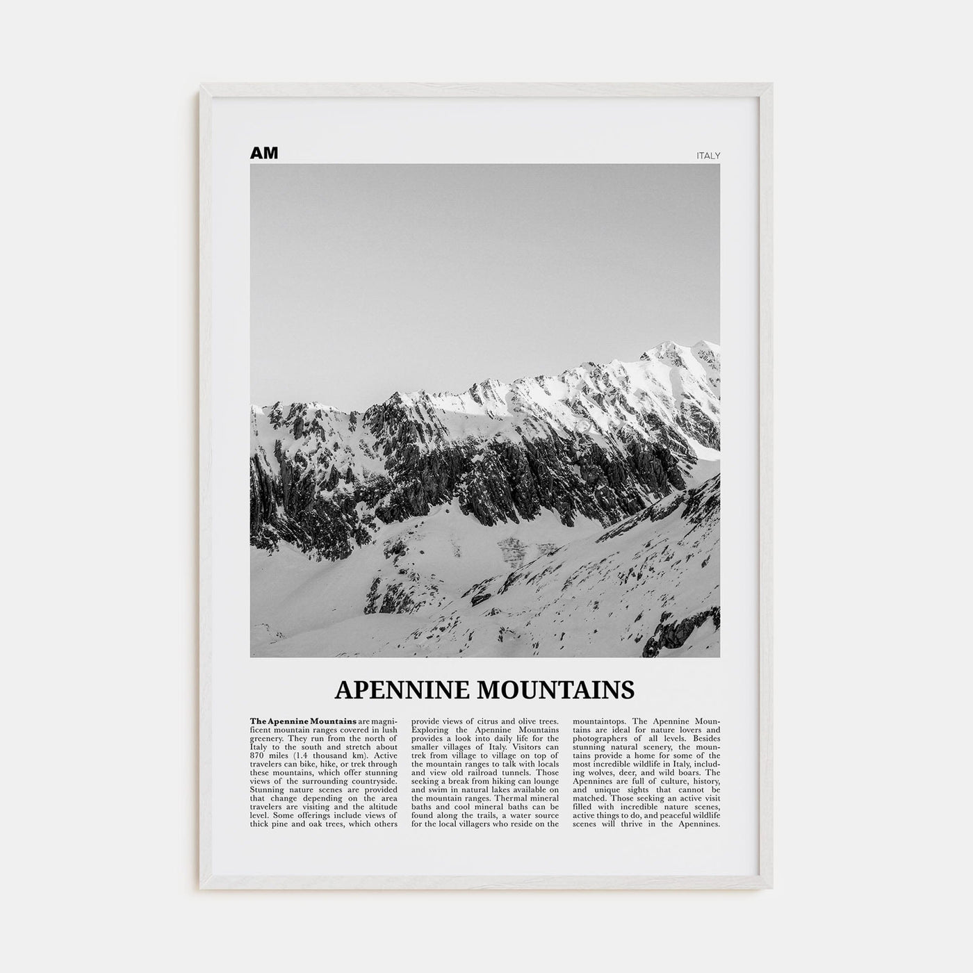 Apennine Mountains Poster White Wood / 8x12 in Nbourhood Travel B&W Poster