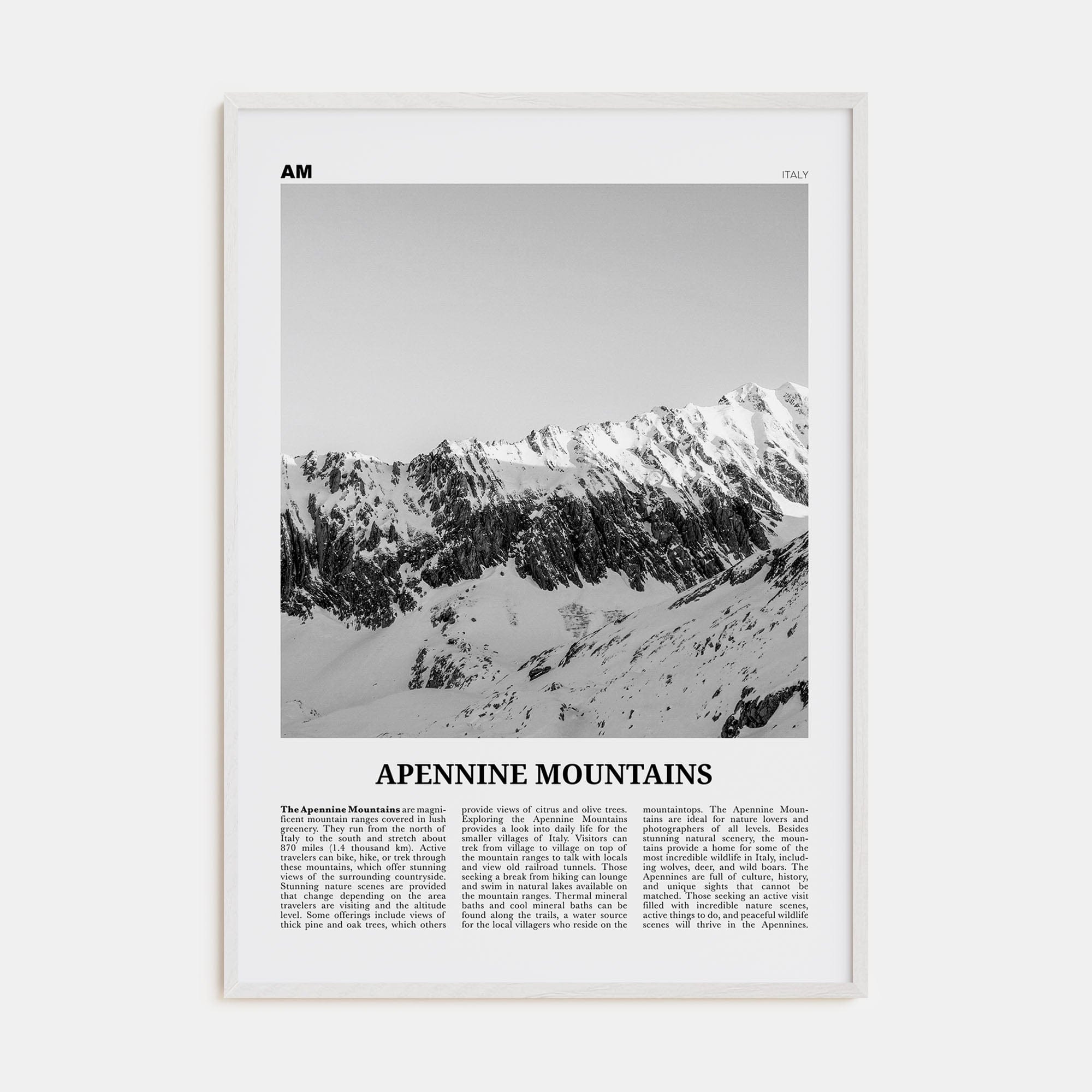 Apennine Mountains Poster White Wood / 8x12 in Nbourhood Travel B&W Poster