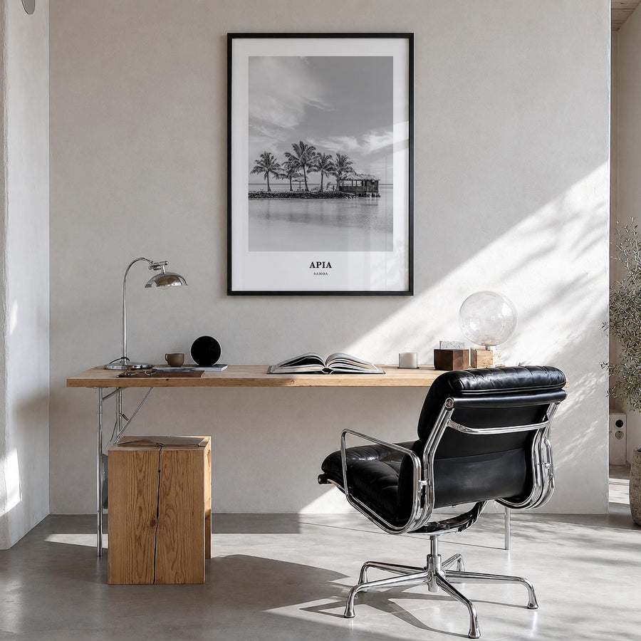 Apia black & white classic poster of Samoa – vertical wall art in black wood frame, hanging on wall