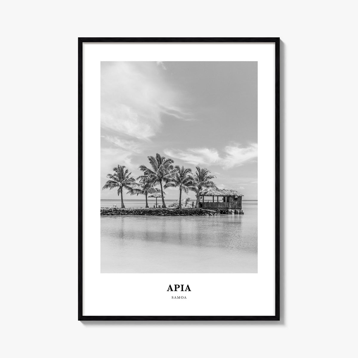 Apia black & white classic poster of Samoa – vertical wall art, unframed print shown in interior mockup