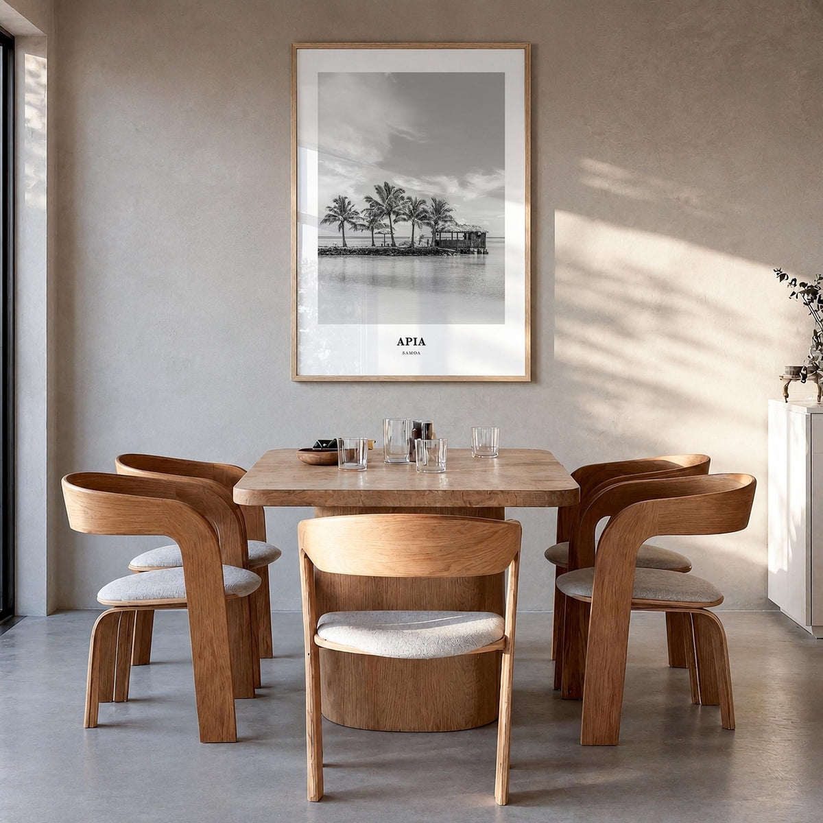 Apia black & white classic poster of Samoa – vertical wall art in natural wood frame, hanging on wall