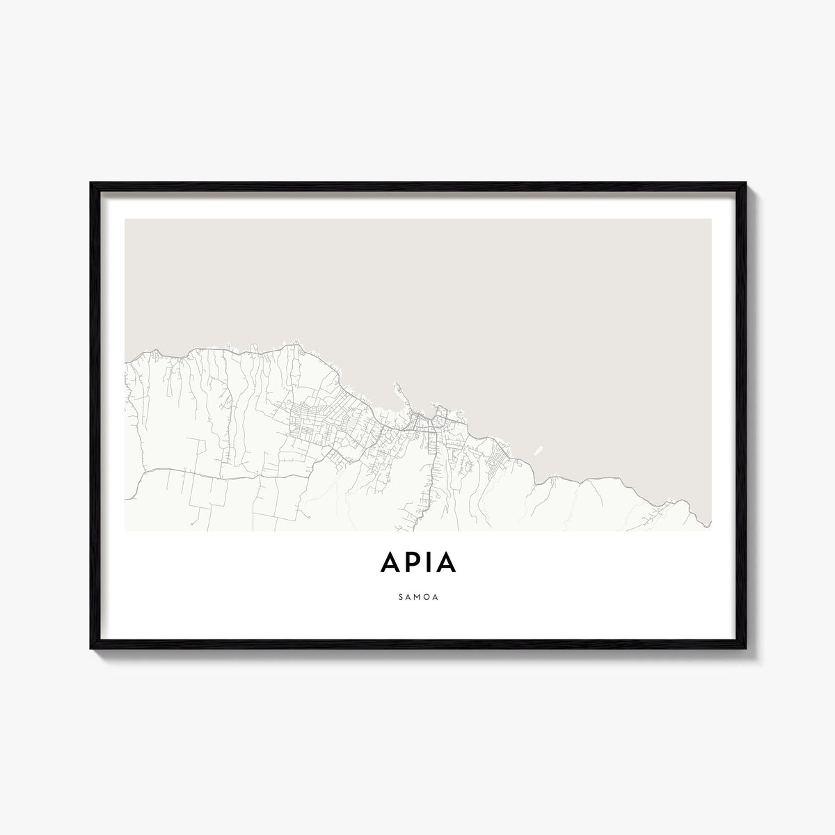 Apia black & white map poster of Samoa – horizontal wall art, unframed print shown in interior mockup