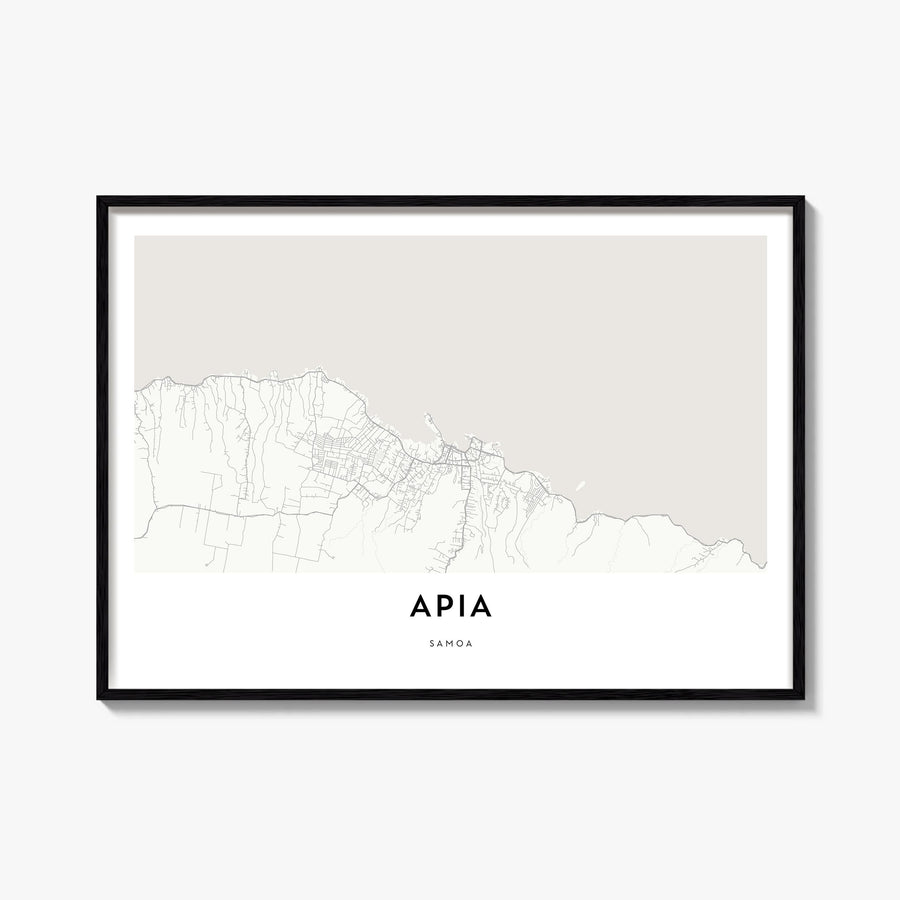 Apia black & white map poster of Samoa – horizontal wall art, unframed print shown in interior mockup