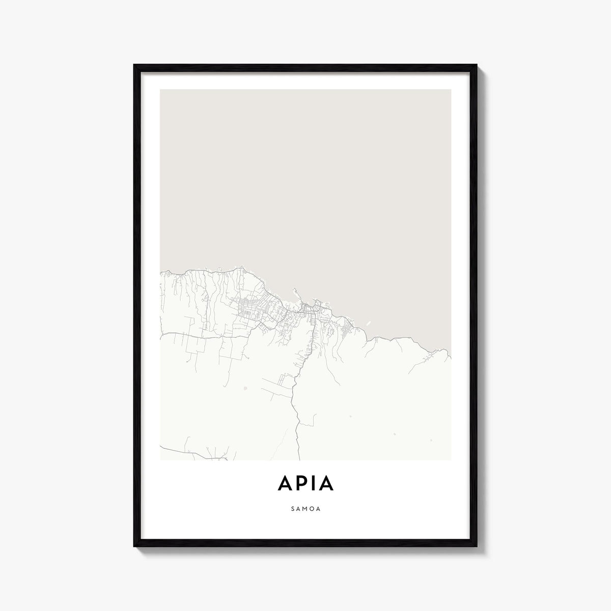 Apia black & white map poster of Samoa – vertical wall art, unframed print shown in interior mockup