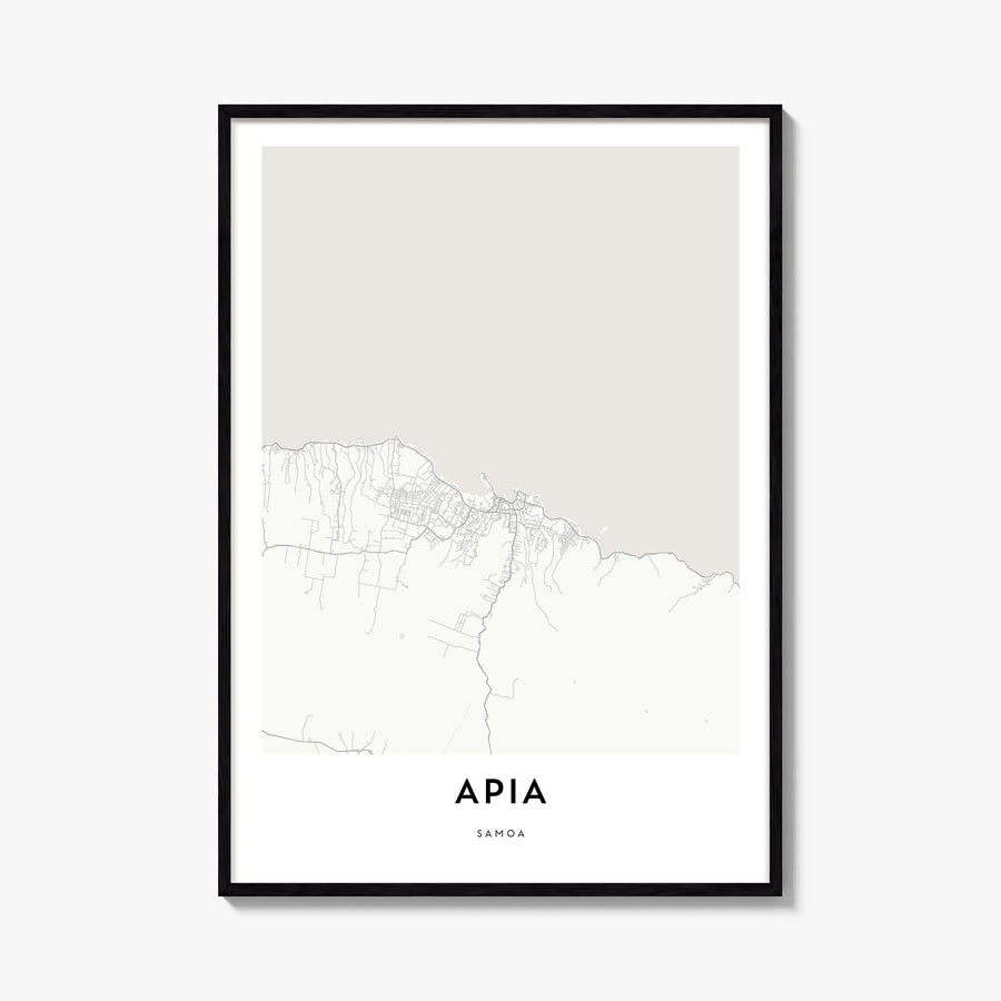 Apia black & white map poster of Samoa – vertical wall art, unframed print shown in interior mockup