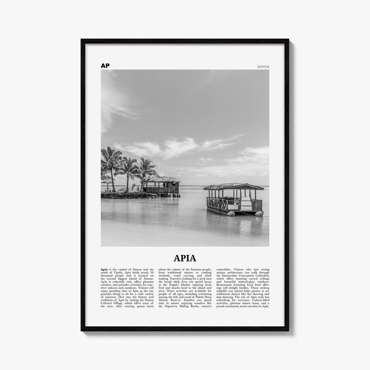 Apia black & white newspaper poster of Samoa – vertical wall art, unframed print shown in interior mockup