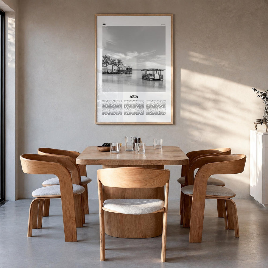 Apia black & white newspaper poster of Samoa – vertical wall art in natural wood frame, hanging on wall