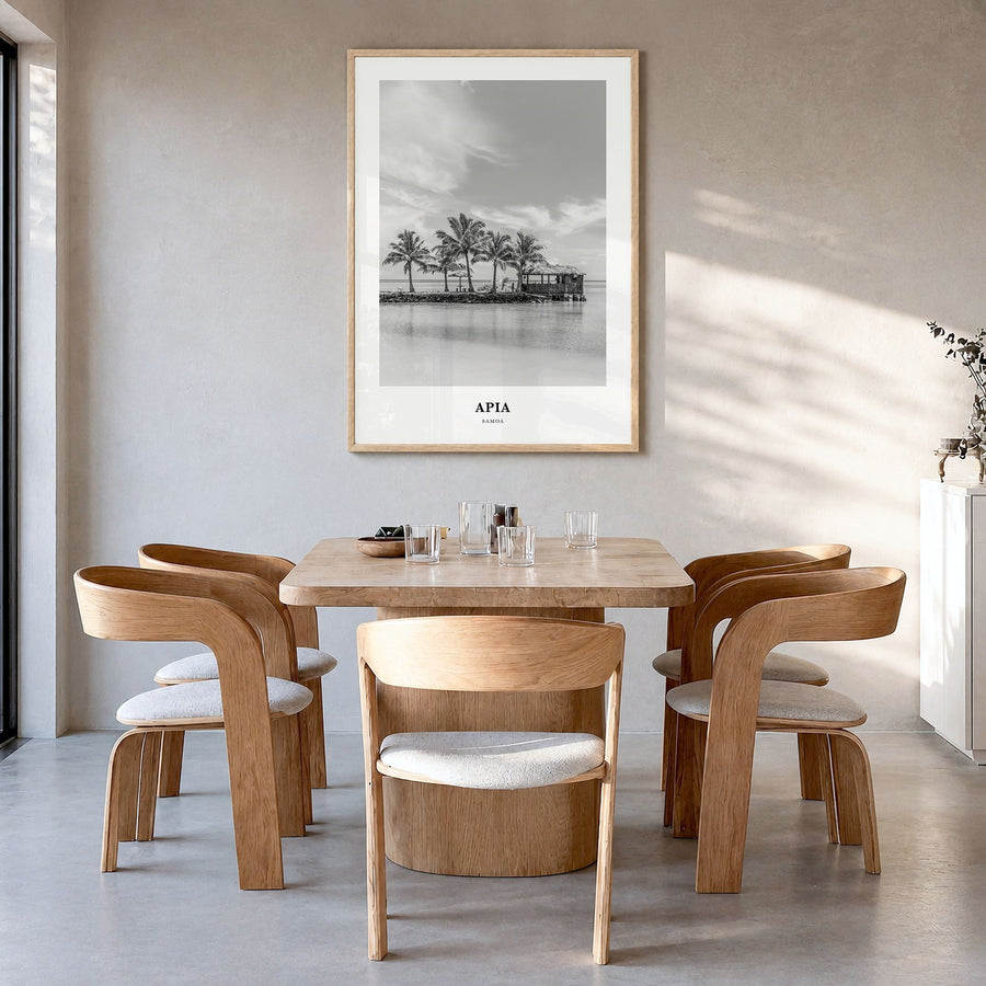Apia Classic Poster in a natural wood frame, hanging in a dining room