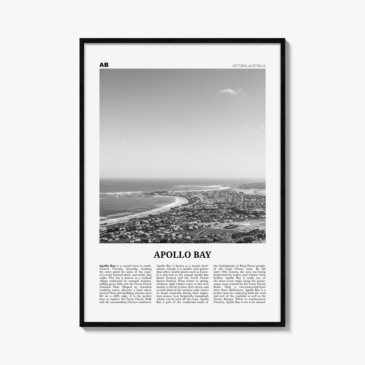 Apollo Bay black & white newspaper poster of Victoria, Australia – vertical wall art, unframed print shown in interior mockup