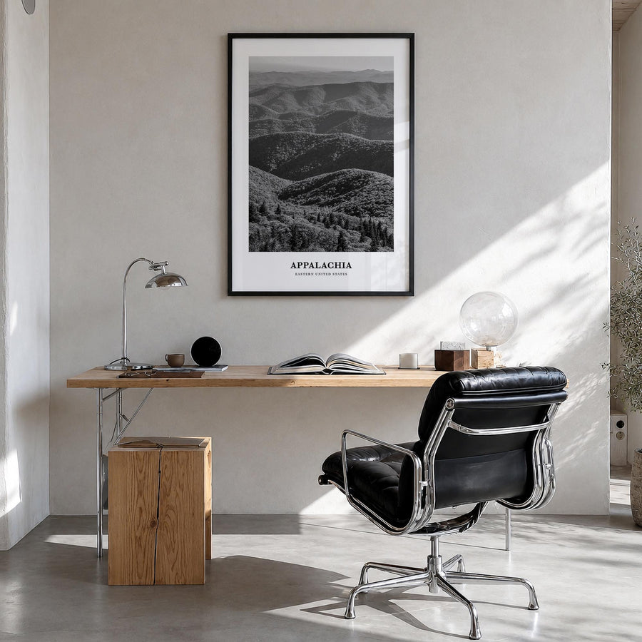 Appalachia black & white classic poster of United States – vertical wall art in black wood frame, hanging on wall
