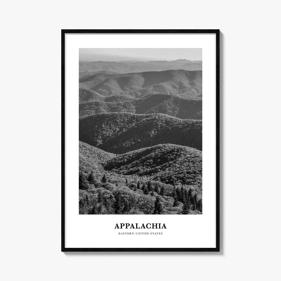 Appalachia black & white classic poster of United States – vertical wall art, unframed print shown in interior mockup