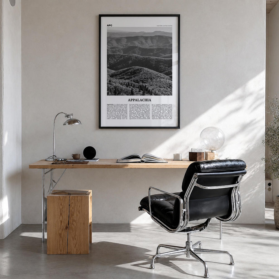 Appalachia black & white newspaper poster of United States – vertical wall art in black wood frame, hanging on wall
