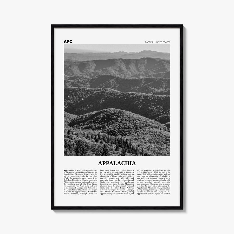Appalachia black & white newspaper poster of United States – vertical wall art, unframed print shown in interior mockup