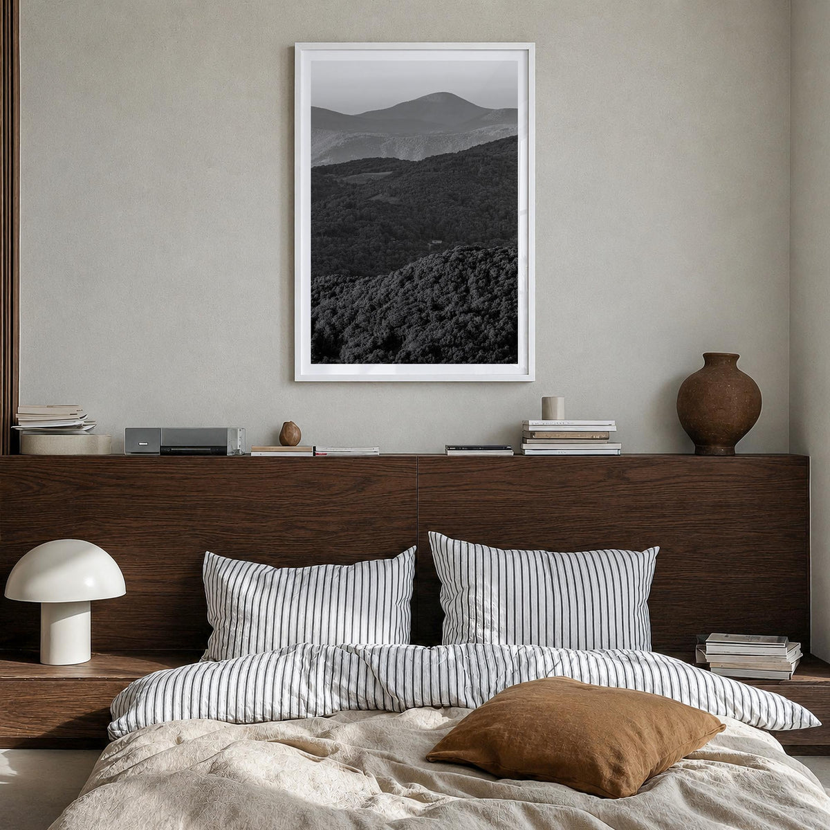 Appalachia black & white photo poster of United States – vertical wall art in white wood frame with white border, hanging on 