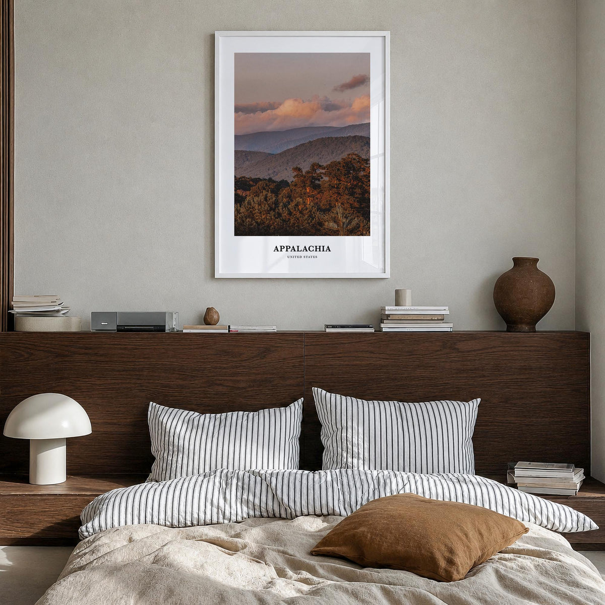 Appalachia colorful classic poster of United States – vertical wall art in white wood frame, hanging on wall