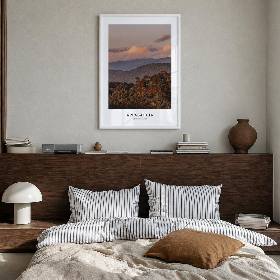 Appalachia colorful classic poster of United States – vertical wall art in white wood frame, hanging on wall