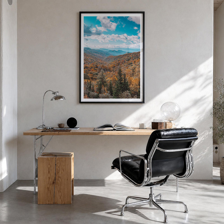 Appalachia colorful photo poster of United States – vertical wall art in black wood frame with white border, hanging on wall