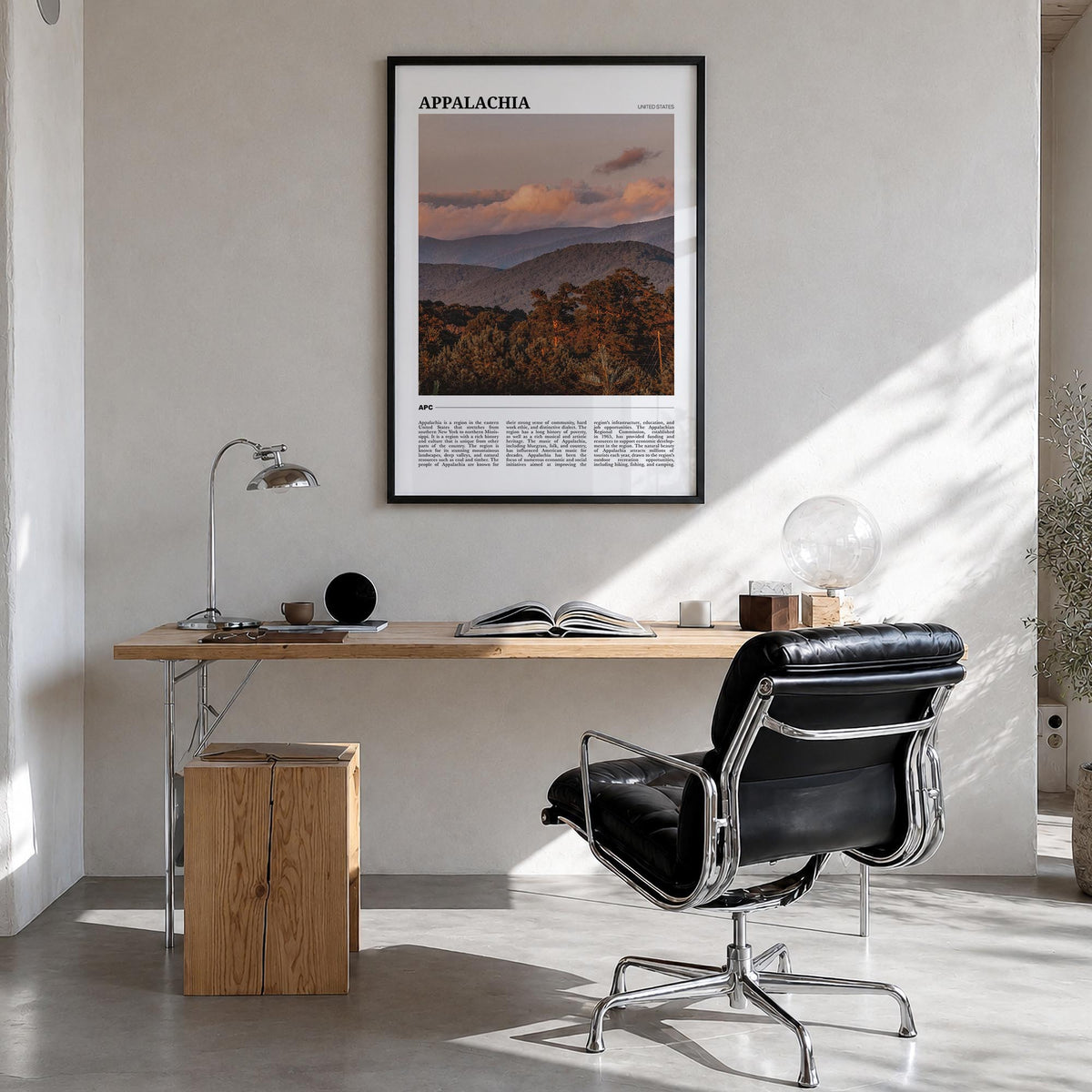 Appalachia colorful travel poster of United States – vertical wall art in black wood frame, hanging on wall