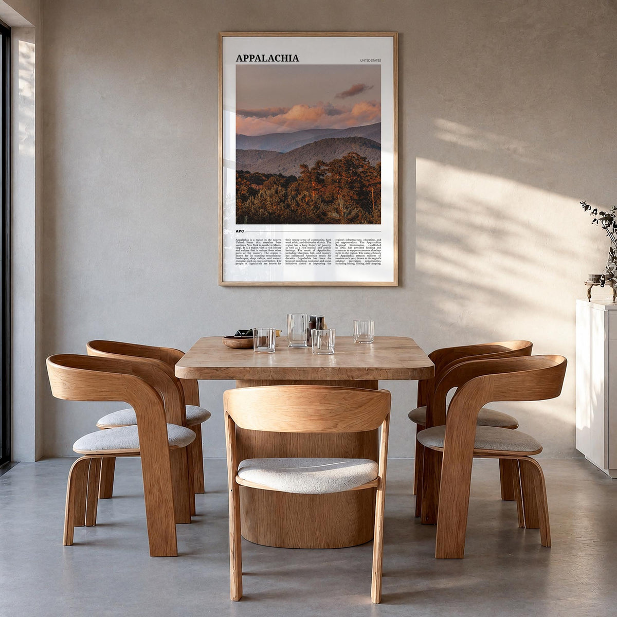 Appalachia colorful travel poster of United States – vertical wall art in natural wood frame, hanging on wall