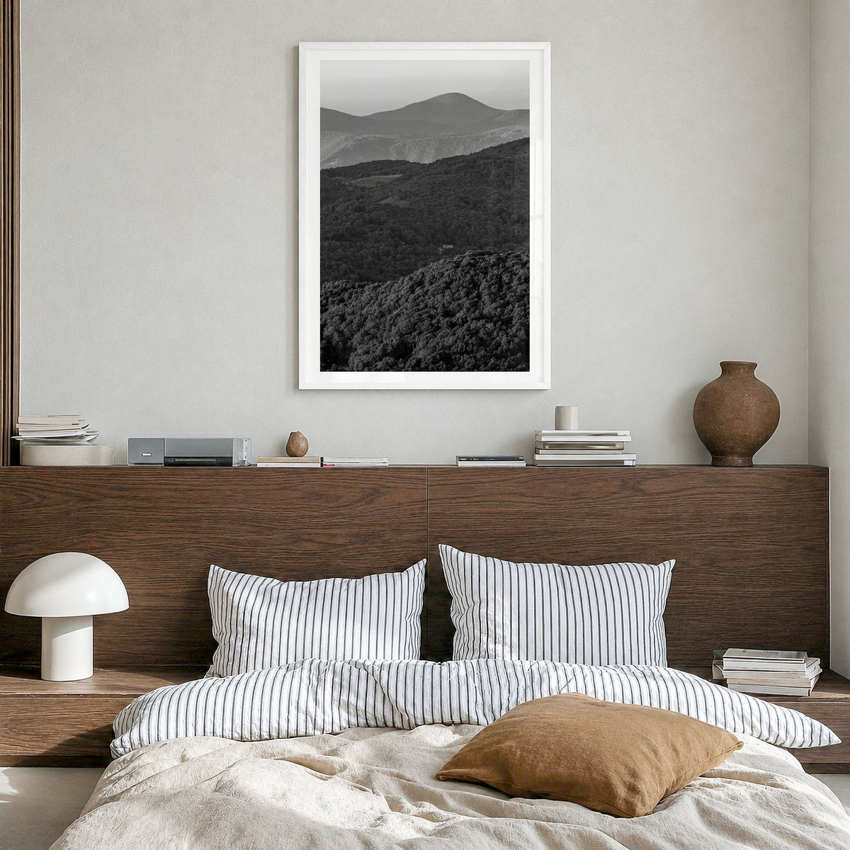 Appalachia Photo Poster in a white wood frame, hanging in a bedroom, white border