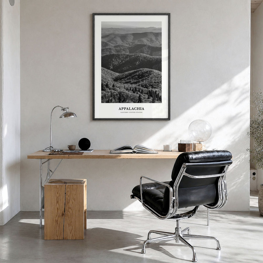 Appalachia Classic Poster in a black wood frame, hanging in a bright home office