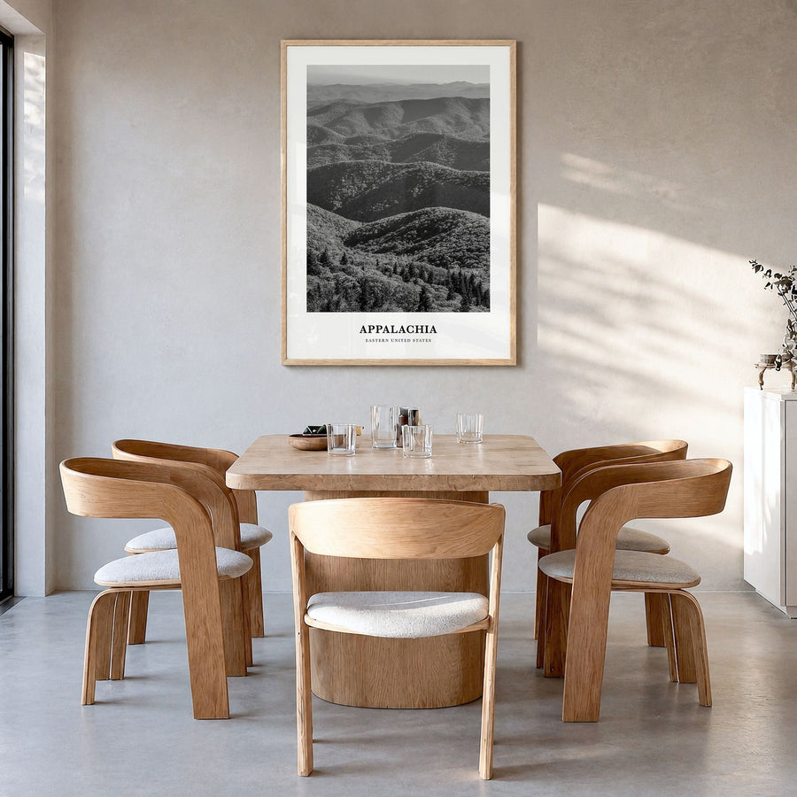 Appalachia Classic Poster in a natural wood frame, hanging in a dining room
