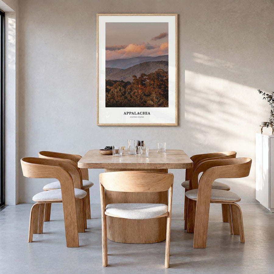 Appalachia Classic Poster in a natural wood frame, hanging in a dining room