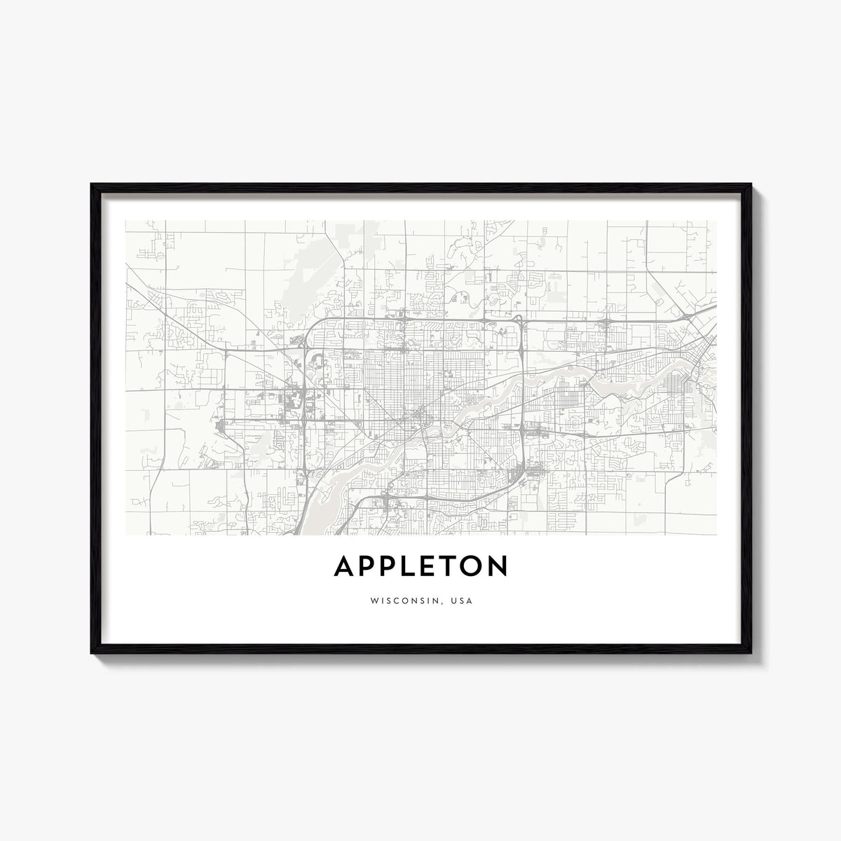 Appleton black & white map poster of Wisconsin, USA – horizontal wall art, unframed print shown in interior mockup