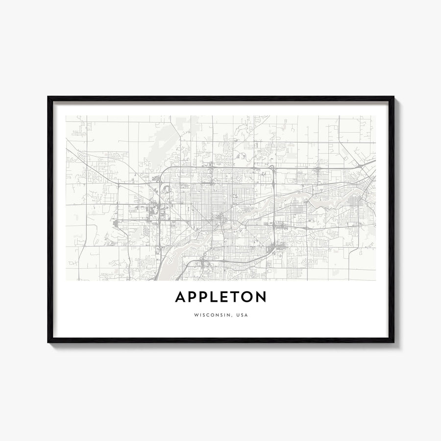 Appleton black & white map poster of Wisconsin, USA – horizontal wall art, unframed print shown in interior mockup