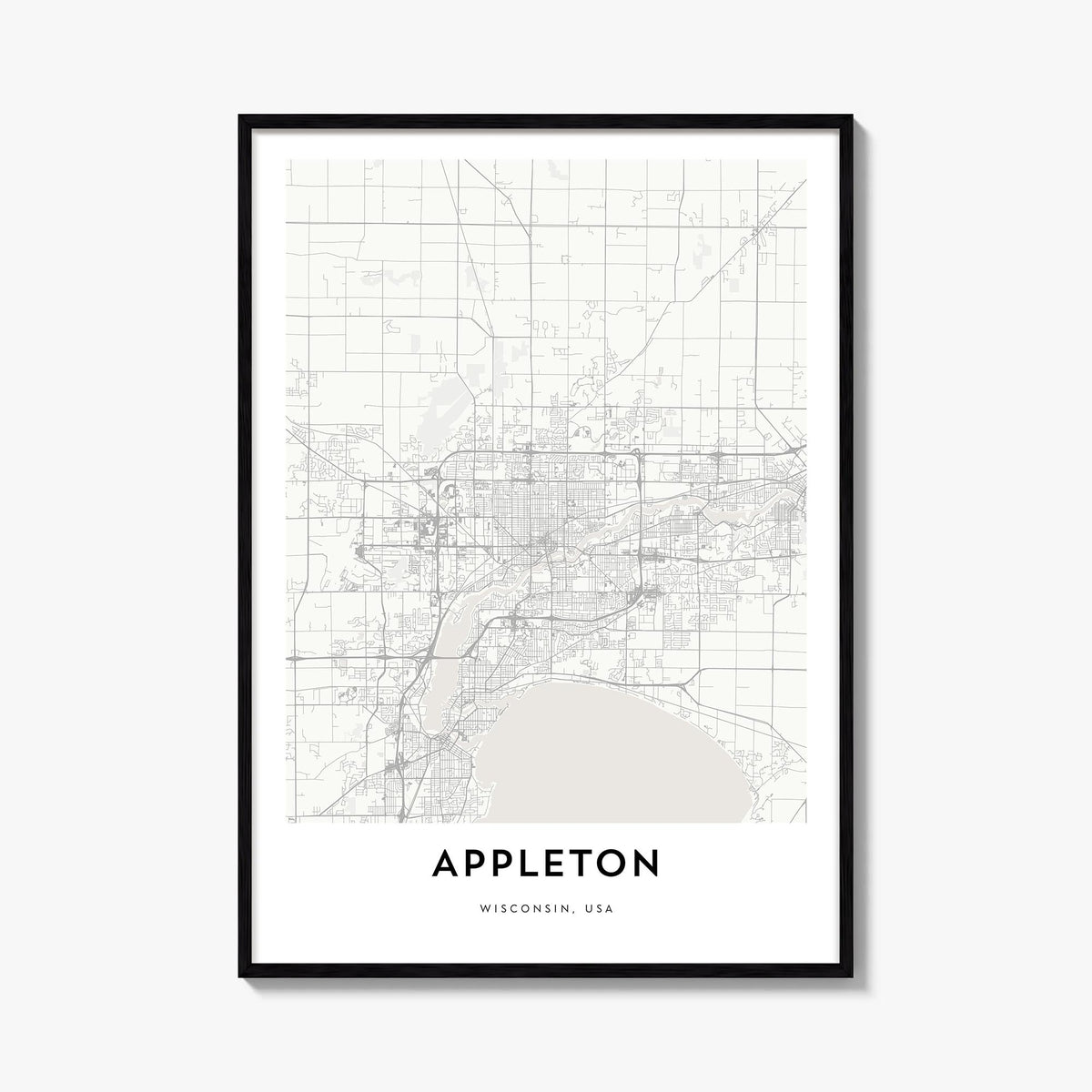 Appleton black & white map poster of Wisconsin, USA – vertical wall art, unframed print shown in interior mockup