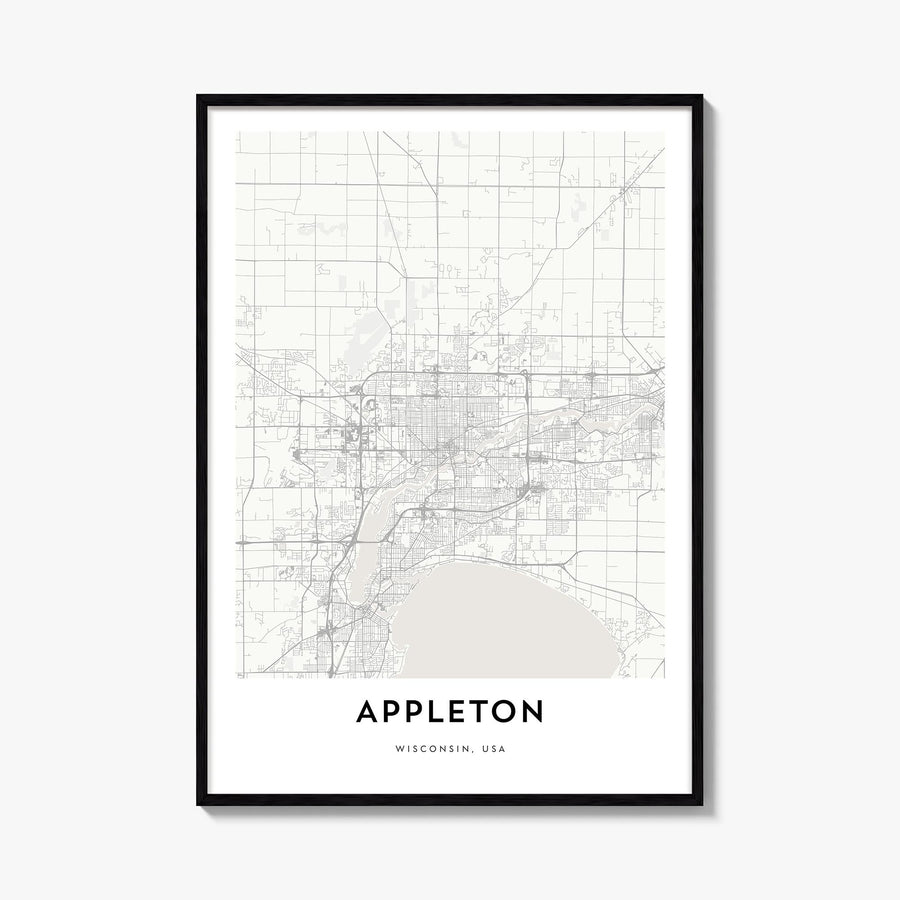 Appleton black & white map poster of Wisconsin, USA – vertical wall art, unframed print shown in interior mockup