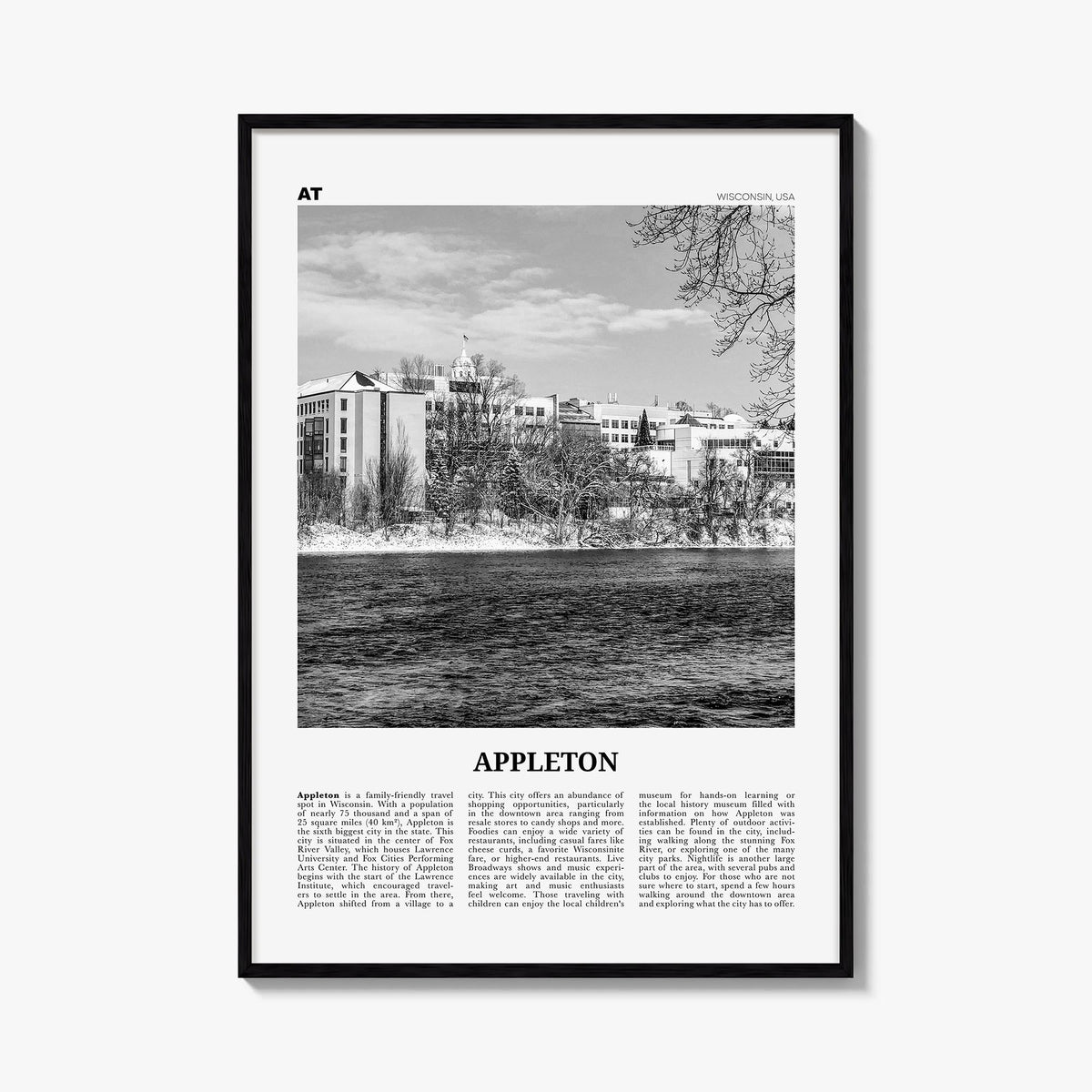 Appleton black & white newspaper poster of Wisconsin, USA – vertical wall art, unframed print shown in interior mockup