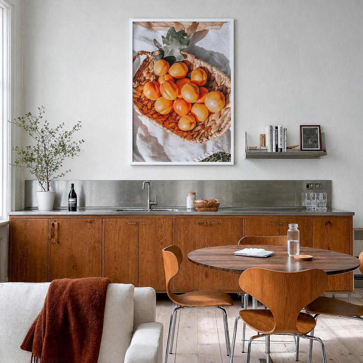 Apricots colorful photo poster – vertical wall art in white wood frame, hanging on wall