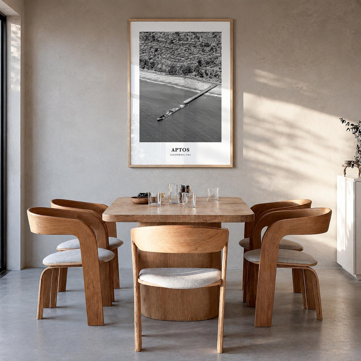 Aptos black & white classic poster of California, USA – vertical wall art in natural wood frame, hanging on wall