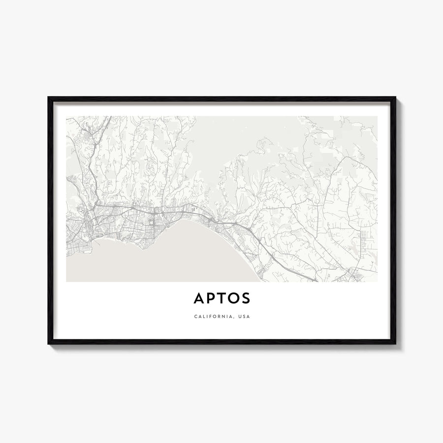 Aptos black & white map poster of California, USA – horizontal wall art, unframed print shown in interior mockup