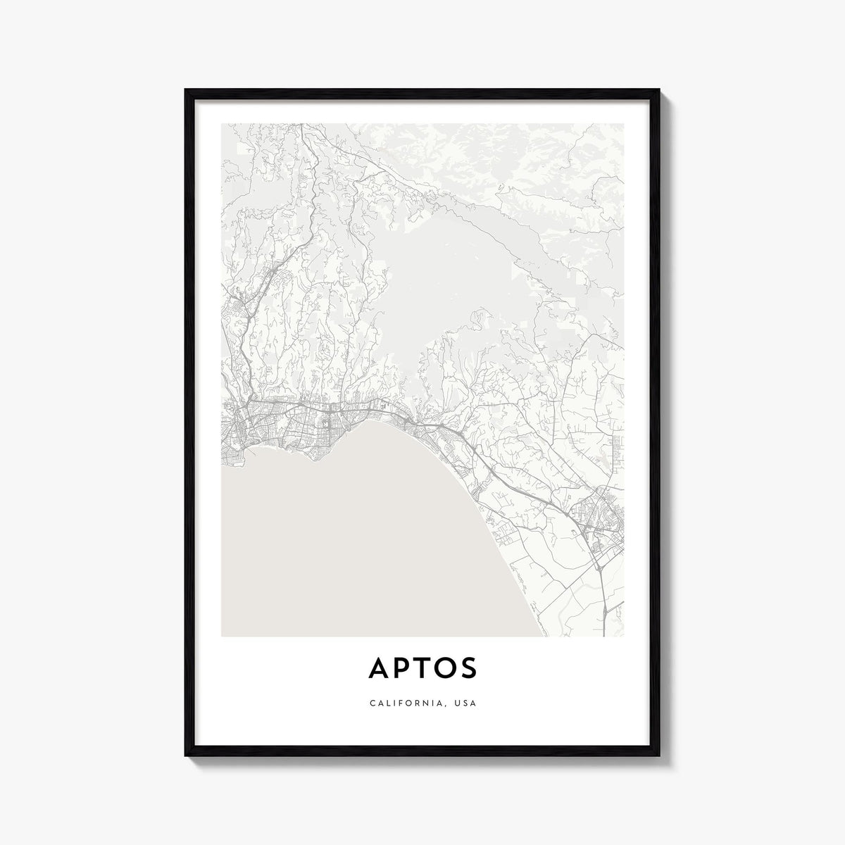 Aptos black & white map poster of California, USA – vertical wall art, unframed print shown in interior mockup