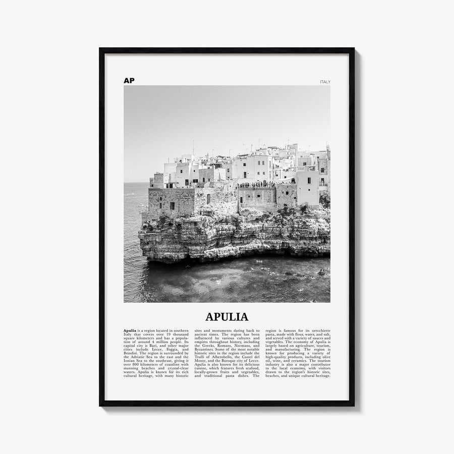 Puglia no. 1 black & white newspaper poster of Italy – vertical wall art, unframed print shown in interior mockup