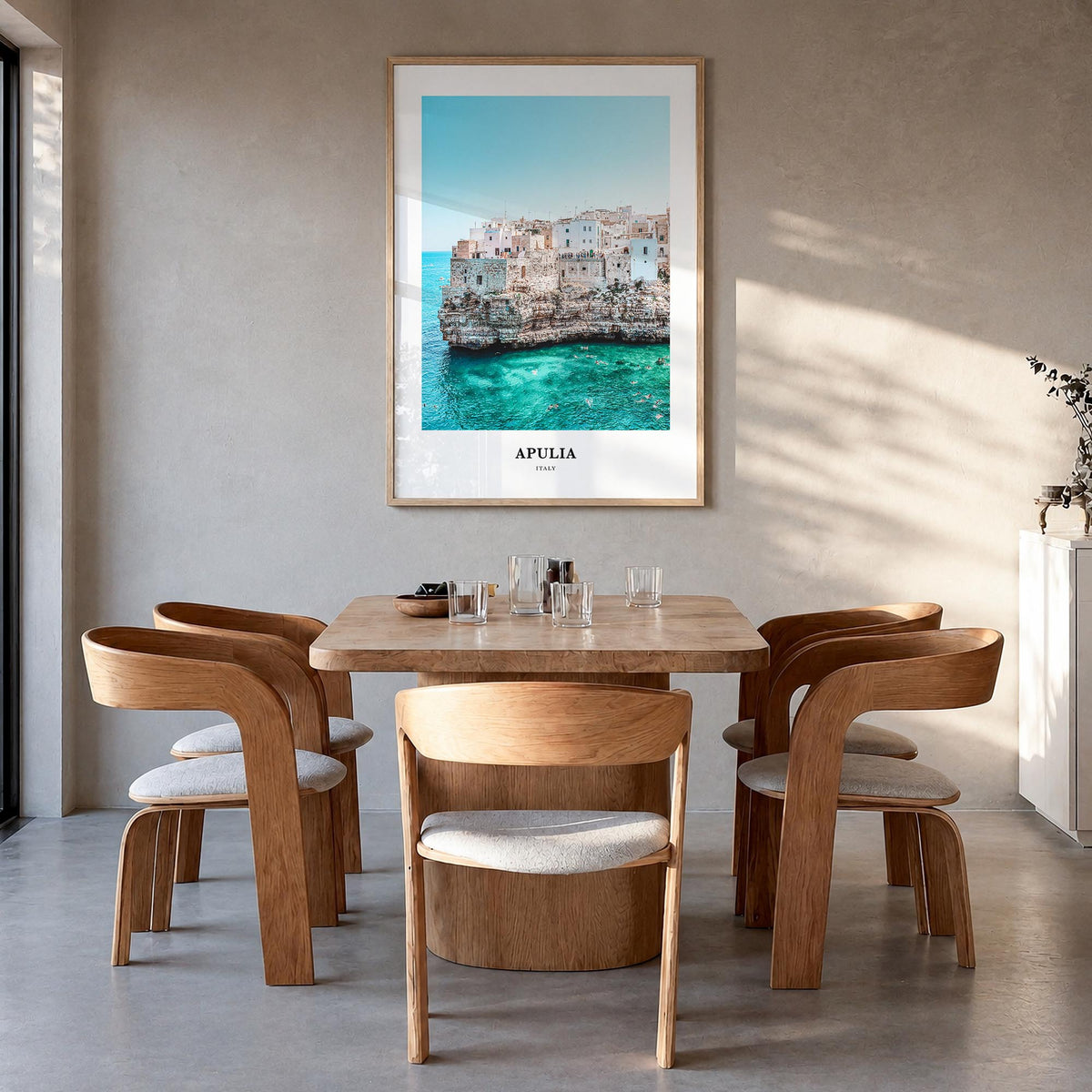 Puglia no. 1 colorful classic poster of Italy – vertical wall art in natural wood frame, hanging on wall