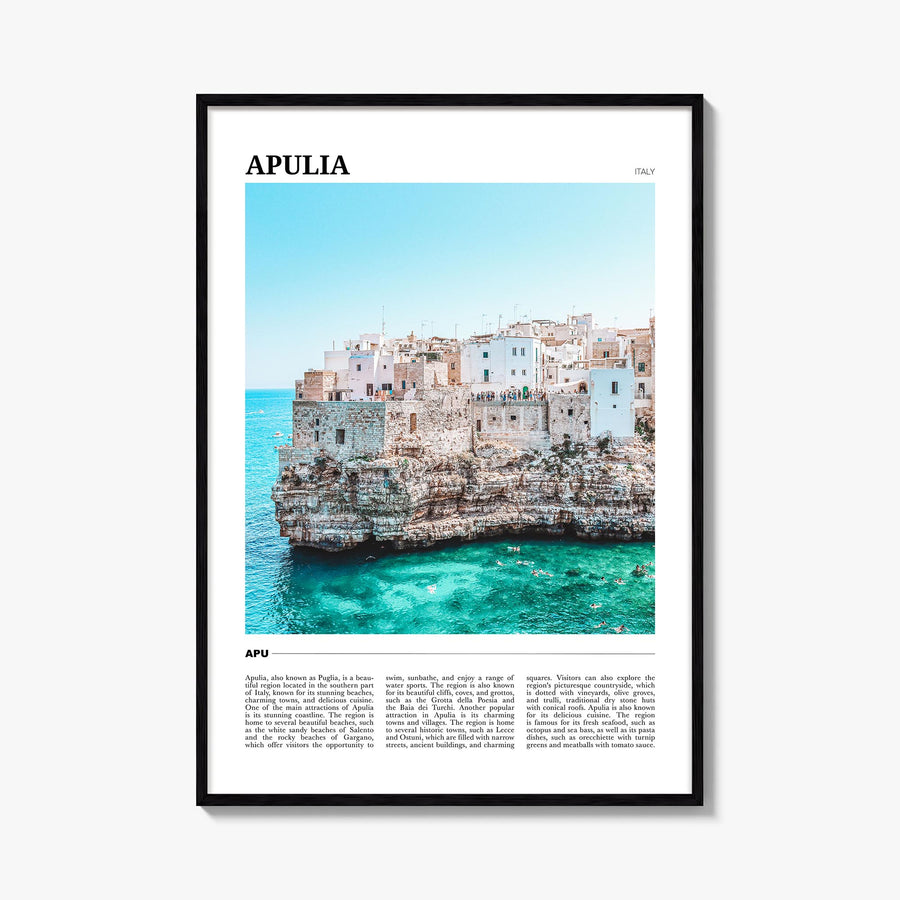 Puglia no. 1 colorful travel poster of Italy – vertical wall art, unframed print shown in interior mockup