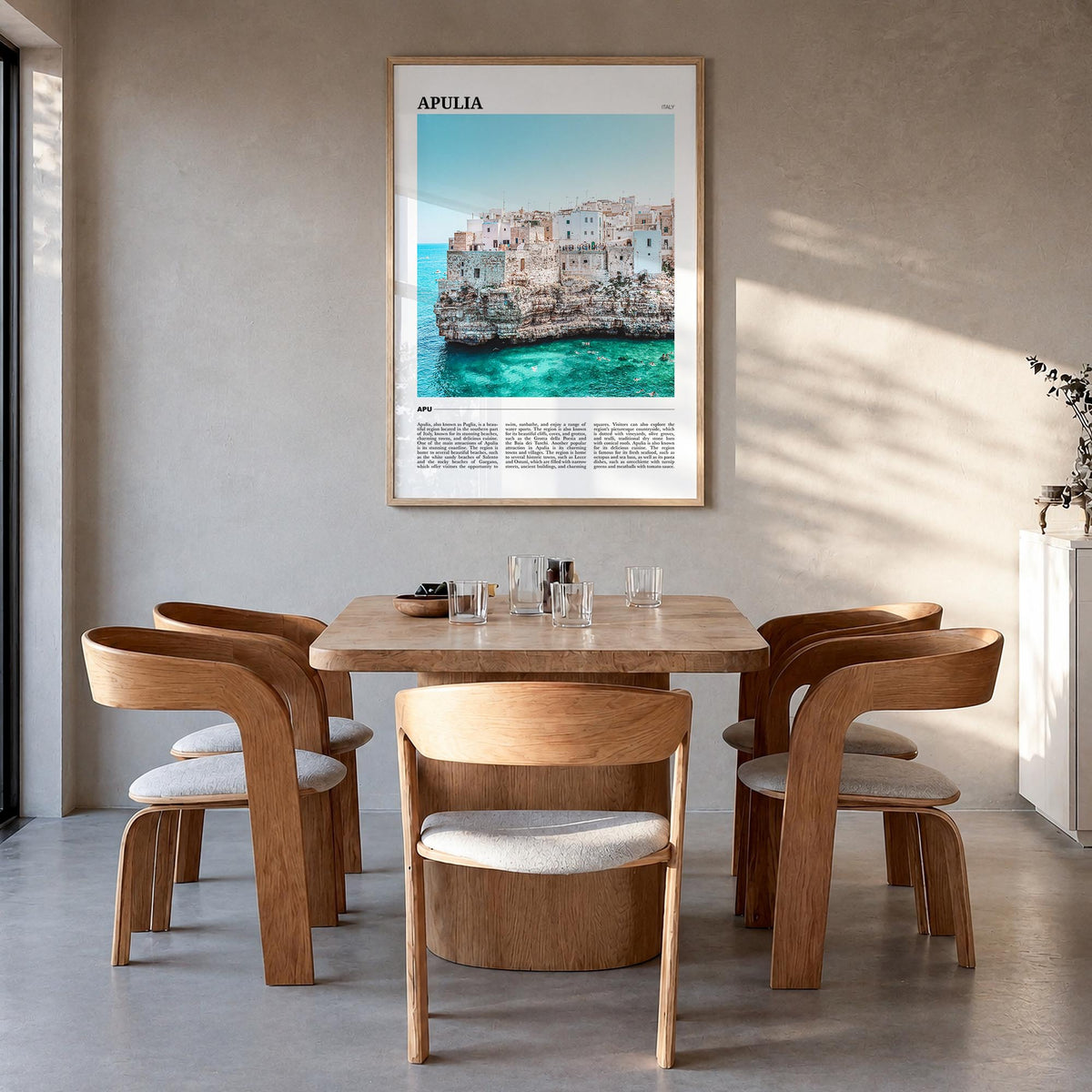Puglia no. 1 colorful travel poster of Italy – vertical wall art in natural wood frame, hanging on wall
