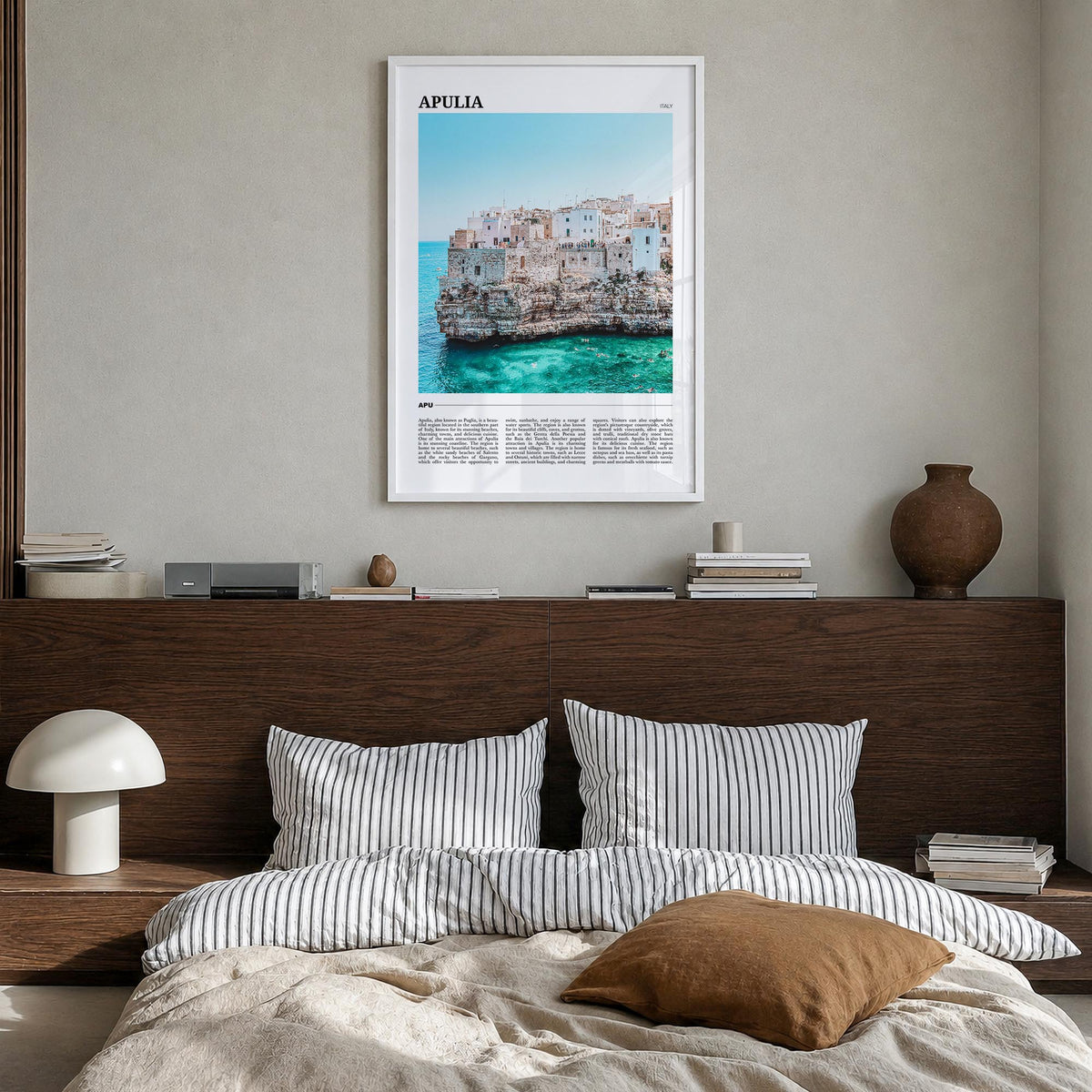Puglia no. 1 colorful travel poster of Italy – vertical wall art in white wood frame, hanging on wall