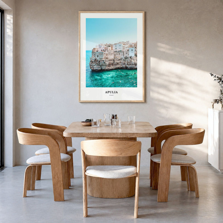 Apulia Classic Poster in a natural wood frame, hanging in a dining room