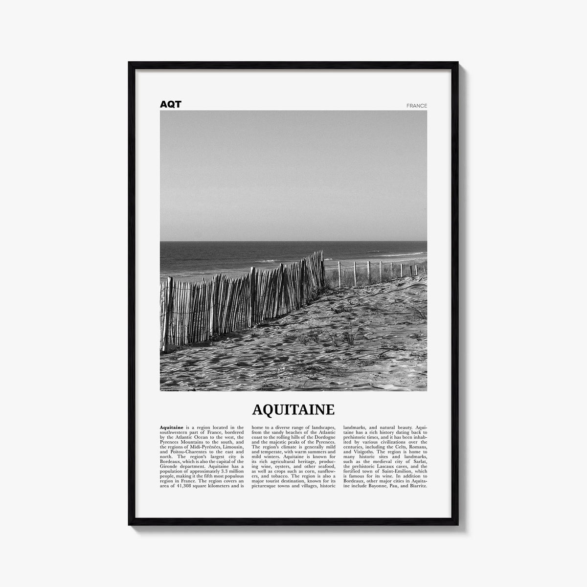 Aquitaine black & white newspaper poster of France – vertical wall art, unframed print shown in interior mockup