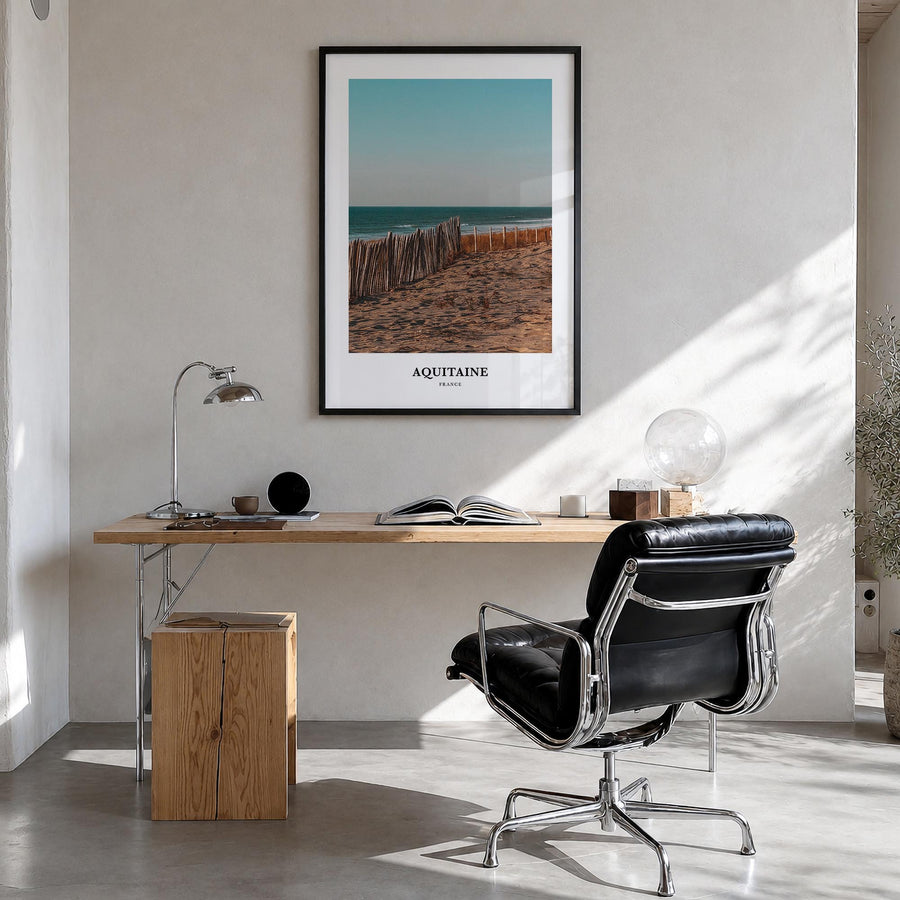 Aquitaine colorful classic poster of France – vertical wall art in black wood frame, hanging on wall