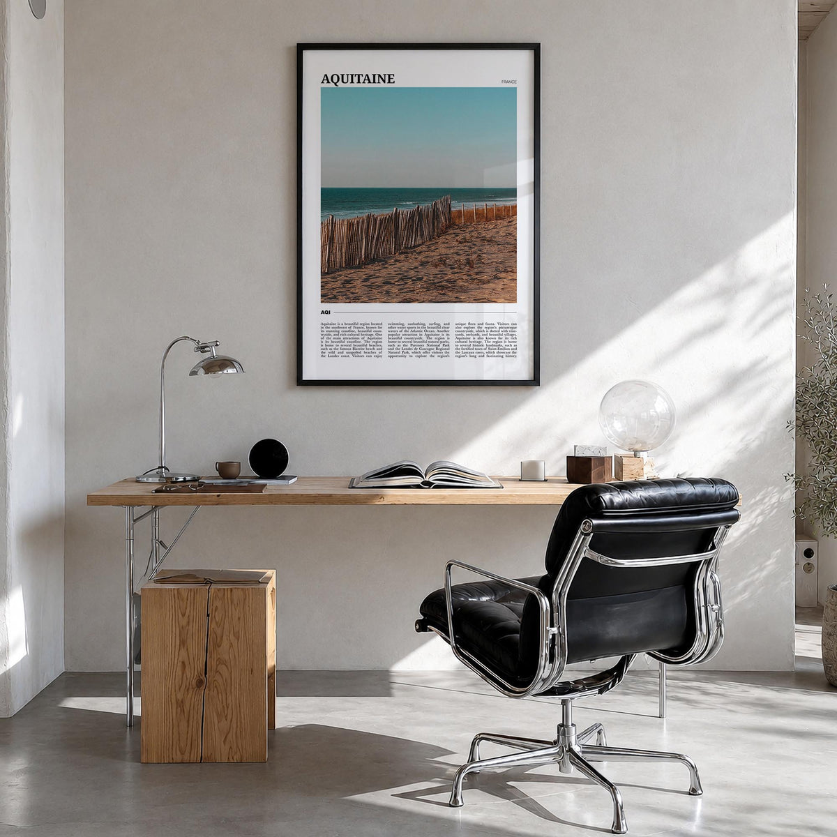 Aquitaine colorful travel poster of France – vertical wall art in black wood frame, hanging on wall
